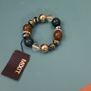 MIXIT, NWT, green, gold, clear, tan beaded stretch fashion bracelet